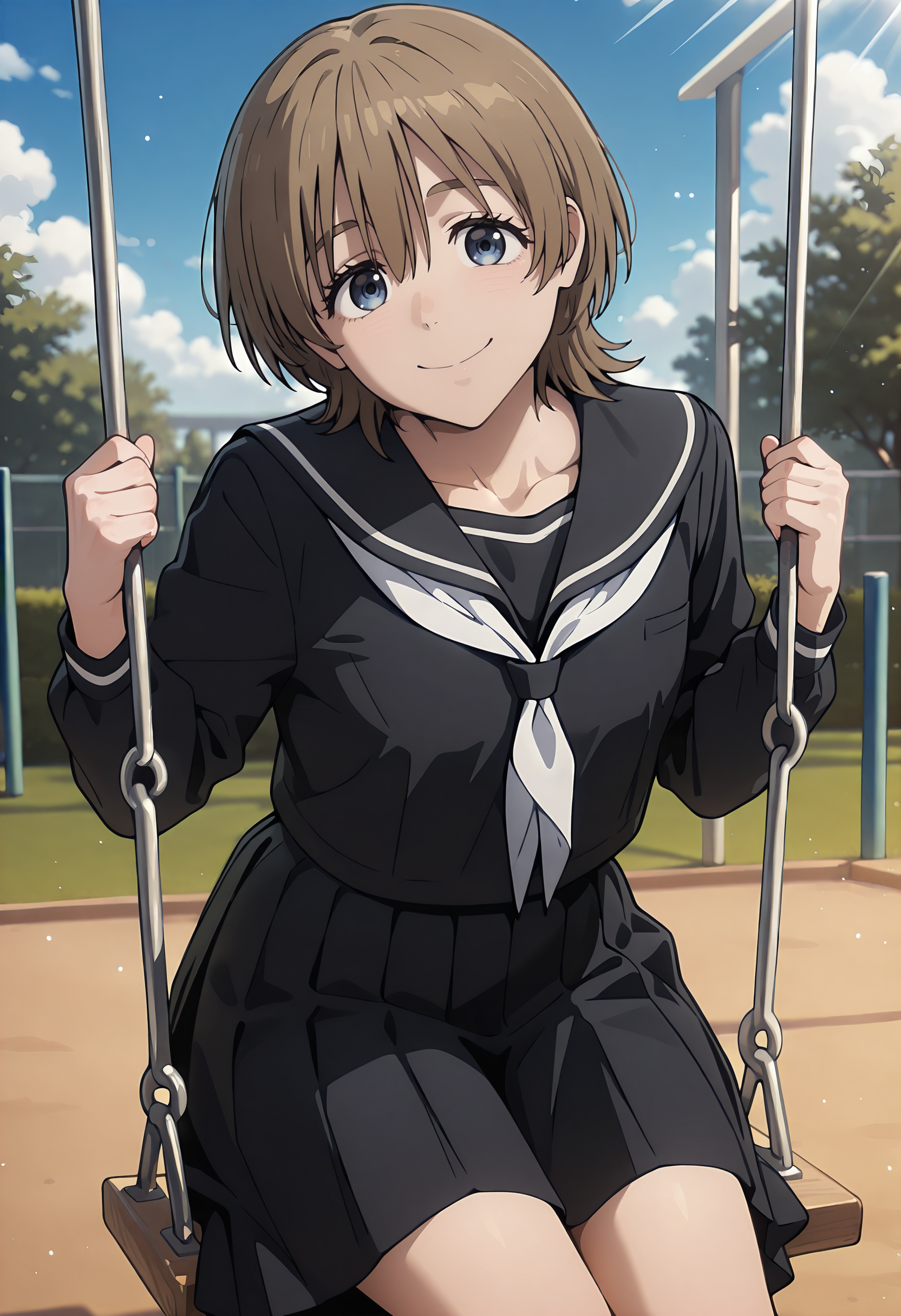 best quality, amazing quality, perfect quality, high quality, masterpiece, absolutely eye-catching BREAK
<lora:WIND_BREAKER_-_Mio_Tsuchiya:1> WindMio, blue eyes, brown hair, short hair, choppy bangs, small breasts BREAK
school uniform, black serafuku, black sailor collar, white neckerchief, black shirt, long sleeves, black pleated skirt, medium skirt BREAK
swing set, swing, park, blue sky, clouds, light particles, sunbeam BREAK
1girl, solo, on swing, sitting, leaning forward, head tilt, smile, looking at viewer, cowboy shot, dutch angle