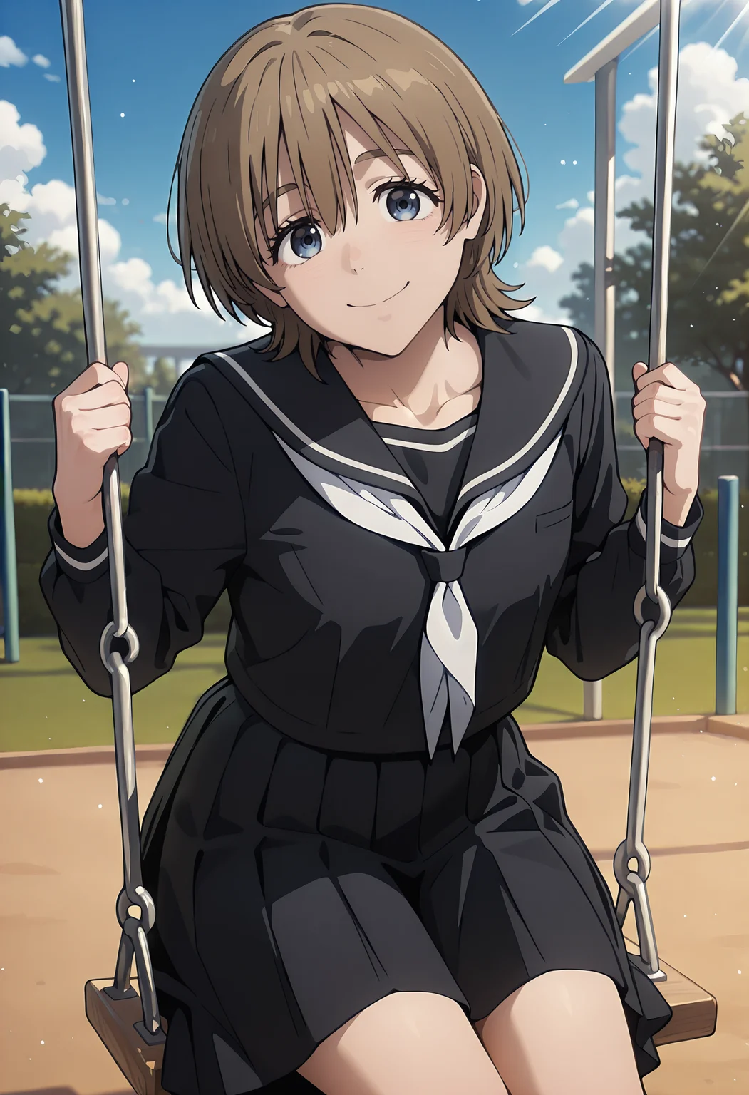 best quality, amazing quality, perfect quality, high quality, masterpiece, absolutely eye-catching BREAK
<lora:WIND_BREAKER_-_Mio_Tsuchiya:1> WindMio, blue eyes, brown hair, short hair, choppy bangs, small breasts BREAK
school uniform, black serafuku, black sailor collar, white neckerchief, black shirt, long sleeves, black pleated skirt, medium skirt BREAK
swing set, swing, park, blue sky, clouds, light particles, sunbeam BREAK
1girl, solo, on swing, sitting, leaning forward, head tilt, smile, looking at viewer, cowboy shot, dutch angle