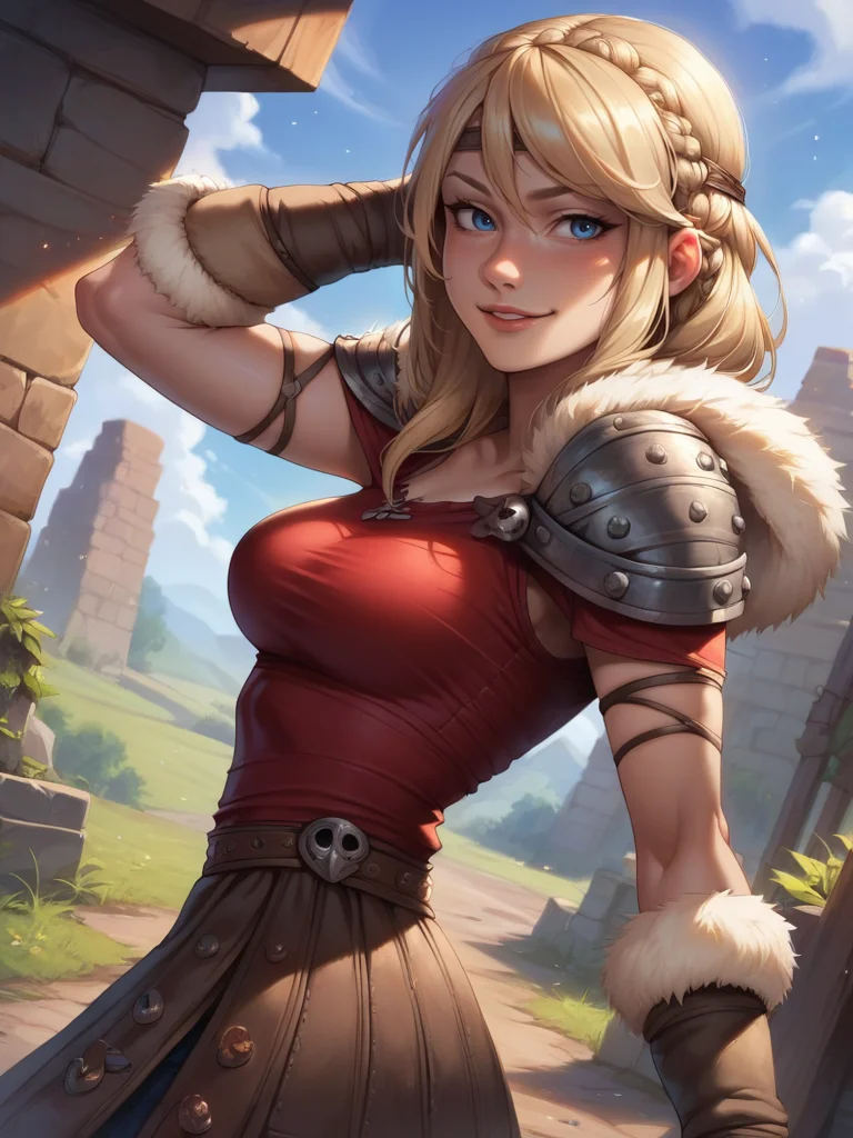 score_9, score_8_up, score_7_up, 1girl, dynamic pose, cowboy shot, looking at viewer, sexy pose, sexually suggestive, naughty face, dutch angle, valley, vegetation, from side,
<lora:AastridXLP_character:0.8>, AstridXL, blonde hair, blue eyes, braid, shoulder armor, pauldrons, pants, skirt, fur trim, red shirt, cartoon, <lora:Realistic_2.5DAnime_Merge1:0.6>,,