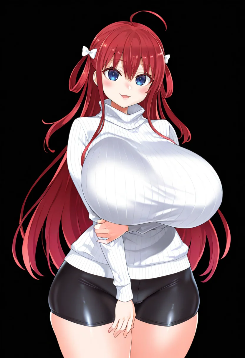 masterpiece, best quality, 1girl,
aaamane, long hair, red hair, hair rings, hair bow, blue eyes,solo,gigantic breasts, wide hips, thick thighs, shorts, curvy, shiny clothes, turtleneck sweater, cowboy shot, turtleneck, blush, ribbed sweater, smile, white sweater, closed mouth, thighs, open mouth, bike shorts, black background, arm under breasts, looking at viewer, standing, hand on own arm, ahoge, long sleeves <lora:suou_amane_ilxl_vpred_v1:0.5>
<lora:asanagi-Style-vpred-resized:1>