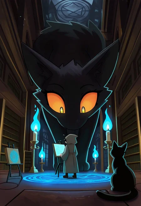 masterpiece, best quality, perfect anatomy, very aesthetic, ozoneserpent, cat, black fur, grey robe, hood, no mouth, orange sclera, music stand, scroll, magic circle, panicking, tremor, candle, blue fire, library, dark, from behind, looking back, scenery