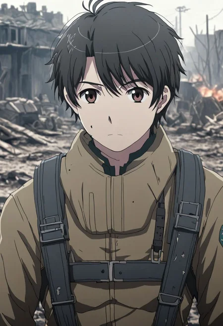 high resolution, solo, best quality, 1Boy, Inaho Kaizuka, Black Hair, Brown Eyes, shallow depth of field, Post-Apocalyptic, survival, OverallDetail