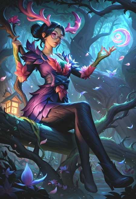 l0lspl4sh, source_anime, score_9, score_8_up, score_7_up, year2024, year2023, 1girl, elderwood 1girl, elderwood, West Studio, sixmorevodka, solo, a druid sorceress woman is sitting on a bench in front of a log cabin covered in vines and moss, she is wearing a robe made of petals and leaves with wood elements, round eyewear, staff resting against cabin, open doorway, dark inside, sunbeam, light particles, resting, one eye closed, medium hair, arm down, adjusting eyewear, house, door, bench, antlers, pink eyes, rating_safe <lora:L0LSPL4SH_40epochs:1>