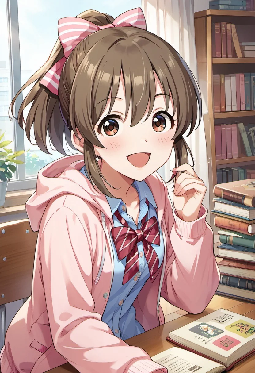 score_9, score_8_up, score_7_up, source_anime,hori yuuko, brown hair, ponytail, brown eyes, 1girl, solo, smile, open mouth, bow, hood, hair bow, school uniform, looking at viewer, hoodie, book