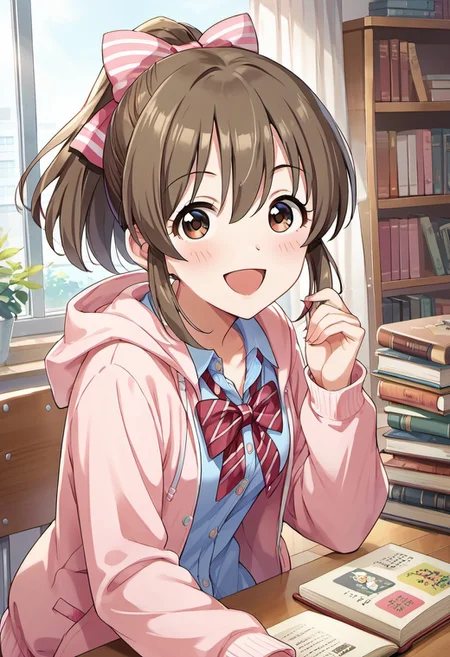 score_9, score_8_up, score_7_up, source_anime,hori yuuko, brown hair, ponytail, brown eyes, 1girl, solo, smile, open mouth, bow, hood, hair bow, school uniform, looking at viewer, hoodie, book