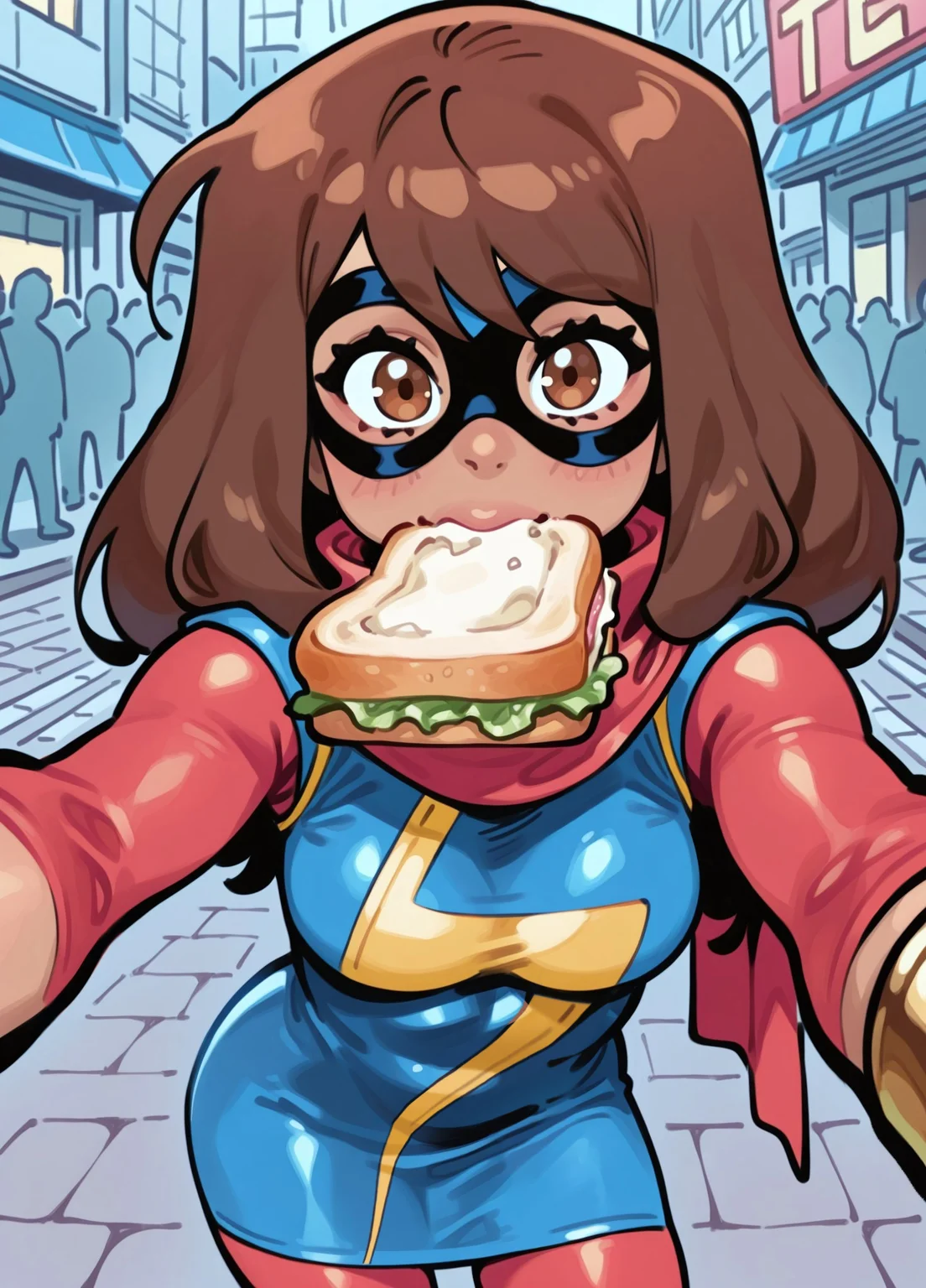 masterpiece, best quality, amazing quality, very aesthetic, absurdres, newest, detailed eyes, JJFrenchiestyle, 6l005, (vibrant colors),
1girl, mmkamalakhan, brown hair, bangs, brown eyes, dark-skinned female, brown eyes, long hair, blue dress, sleeves, scarf, bracelet, (domino mask), red pantyhose, medium breasts,
eating sandwich, looking at viewer, selfie, view from front, close up,
streets, convenient store, crowd, detailed background,,