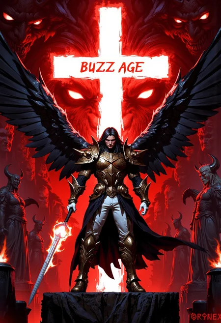 Ultra detailed, high resolution, high quality, masterpiece, intricate details. A striking male archangel with large, powerful wings and long black hair stands confidently at the center, wearing an ornate, shining suit of arcangel armor, white gloves, and white jeans. He holds a blazing, fiery sword, his intense expression conveying a sense of power and mystery. He stands against a dramatic, symbolic background in deep red and black tones. Behind him, a large white cross shape contrasts with the red backdrop, surrounded by ominous, shadowy figures and angelic statues. Haunting, demon-like faces, angelic wings, and surreal, abstract shapes in vivid red create tension and an otherworldly energy. The scene has a dark, gritty aesthetic with strong shadows, high contrast, and a surreal, supernatural vibe. The archangel’s posture exudes strength and resilience, grounded in a setting that blends realism with dark fantasy, with a dark atmosphere and contrasting shadows in a highly detailed anime style. At the top, in bold, vintage lettering resembling a video game title, 'BUZZ AGE' appears, giving the composition the look of a dramatic, supernatural action RPG similar to Dragon Age.