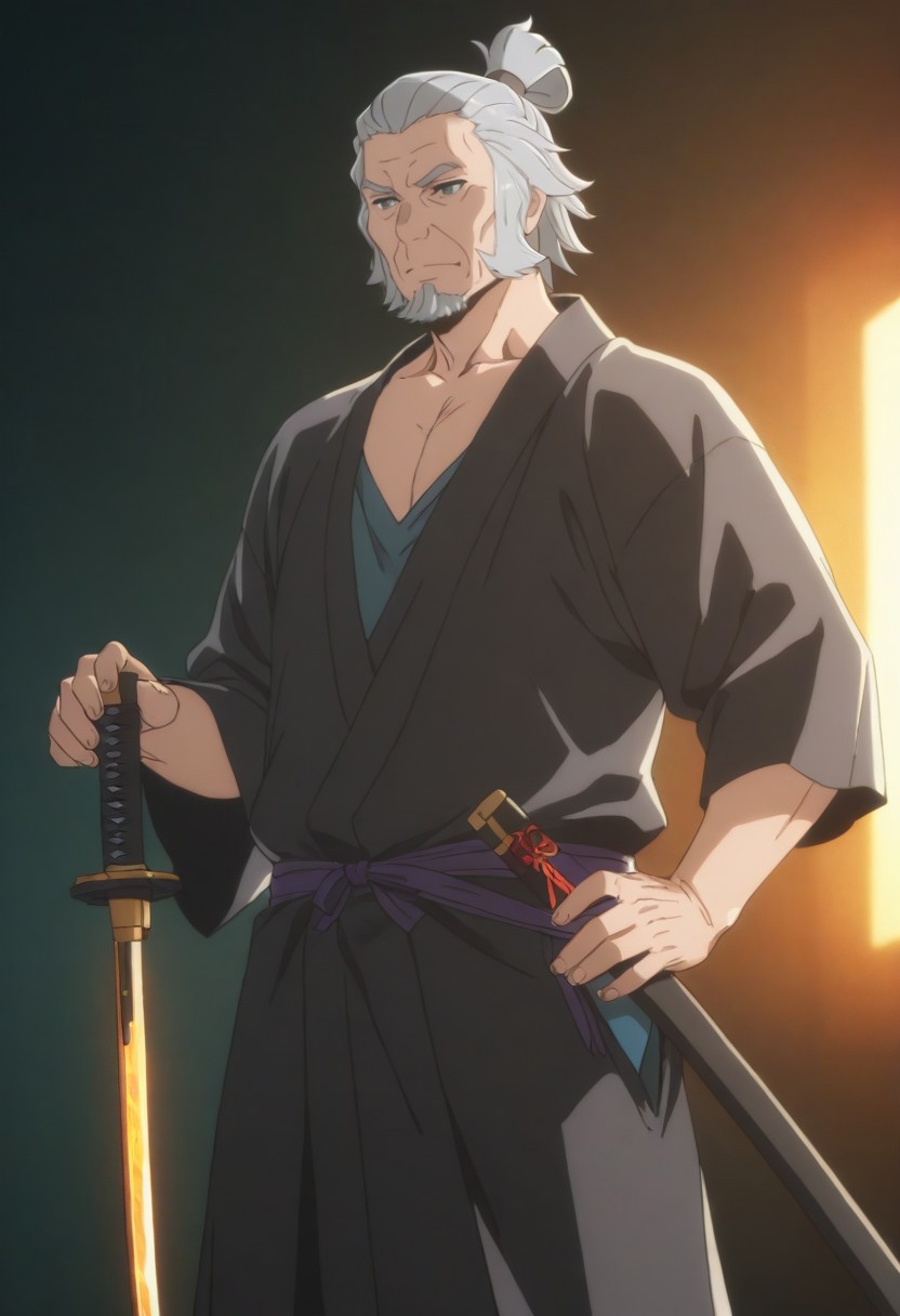 1boy, older male, mature male, An elderly samurai with long, flowing grey hair tied in a loose topknot, his scarred, weathered face exuding wisdom and resolve. He’s dressed in a tattered kimono with muted red and black hues, adorned with battle-worn lightweight armor. His katana, sheathed at his hip, has a rugged hilt wrapped in dark cloth. Rendered in a vibrant anime style inspired by Danmachi—crisp black outlines, soft gradient shading, and a heroic yet grounded presence. The scene is set on a misty battlefield at dawn, with faint warrior silhouettes in the distance and a warm golden glow piercing the fog. Masterpiece, best quality, highly detailed, dynamic composition, dramatic anime lighting. <lora:DanMachi_Style:1>