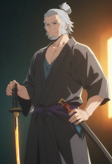 1boy, older male, mature male, An elderly samurai with long, flowing grey hair tied in a loose topknot, his scarred, weathered face exuding wisdom and resolve. He’s dressed in a tattered kimono with muted red and black hues, adorned with battle-worn lightweight armor. His katana, sheathed at his hip, has a rugged hilt wrapped in dark cloth. Rendered in a vibrant anime style inspired by Danmachi—crisp black outlines, soft gradient shading, and a heroic yet grounded presence. The scene is set on a misty battlefield at dawn, with faint warrior silhouettes in the distance and a warm golden glow piercing the fog. Masterpiece, best quality, highly detailed, dynamic composition, dramatic anime lighting. <lora:DanMachi_Style:1>