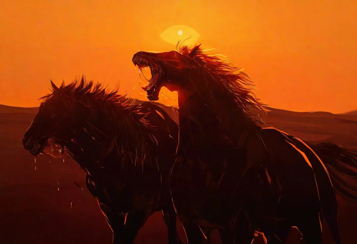 , masterpiece, best quality, newest, absurdres, highres,detailed, horse, dramatic light, orange filter, desert plains, horror movie, fangs, sharp teeth, saliva strings, setting sun, medium view, mane of spikes