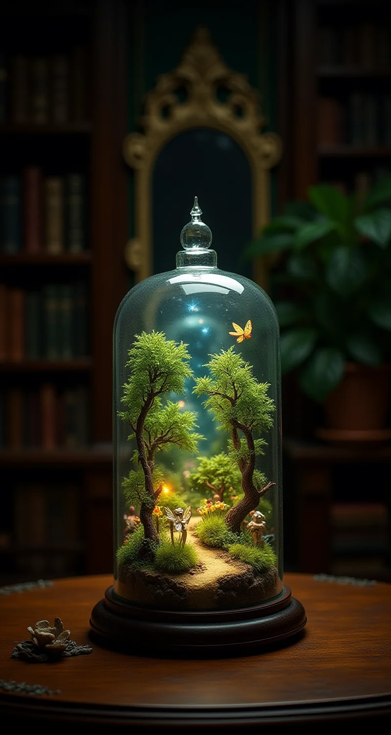 a tiny fairy world with infinitesimal forest and glades and rivers under glass bell jar. A whole society of mini luminescent magical fairies in a jar beautifully detailed and richly complex. Behind the jar is a dark study with handsome wood bookshelves lined with leatherbound books, a potted plant, and an ornately framed baroque mirror with desilvering spots. 