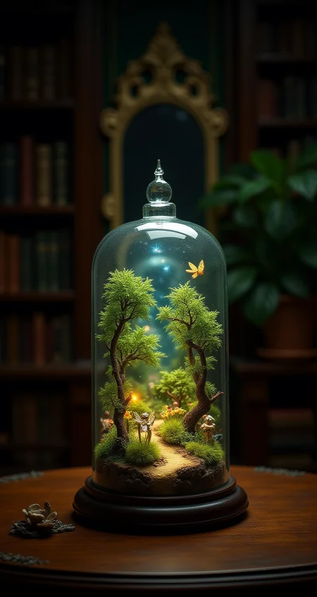 a tiny fairy world with infinitesimal forest and glades and rivers under glass bell jar. A whole society of mini luminescent magical fairies in a jar beautifully detailed and richly complex. Behind the jar is a dark study with handsome wood bookshelves lined with leatherbound books, a potted plant, and an ornately framed baroque mirror with desilvering spots.