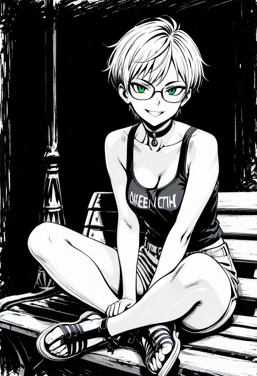 lazympos, 1girl , choker, short hair, tsurime, grin, sitting, crossed legs, indian style, shorts, tank top, sandals, greeksandals, over ankle, Jedsk5tch, sketch, black and white,  dark background, green eyes, glasses,