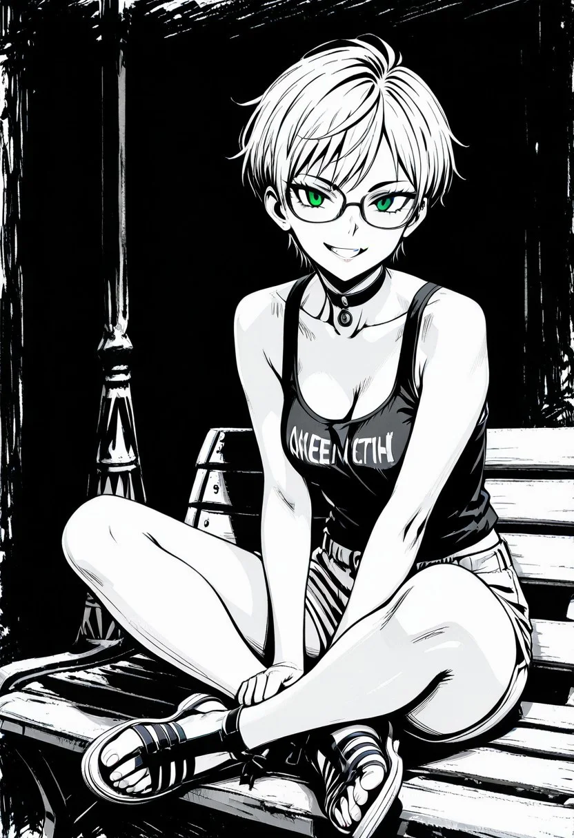 lazympos, 1girl , choker, short hair, tsurime, grin, sitting, crossed legs, indian style, shorts, tank top, sandals, greeksandals, over ankle, Jedsk5tch, sketch, black and white, dark background, green eyes, glasses,
