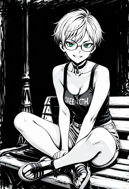 lazympos, 1girl , choker, short hair, tsurime, grin, sitting, crossed legs, indian style, shorts, tank top, sandals, greeksandals, over ankle, Jedsk5tch, sketch, black and white,  dark background, green eyes, glasses,