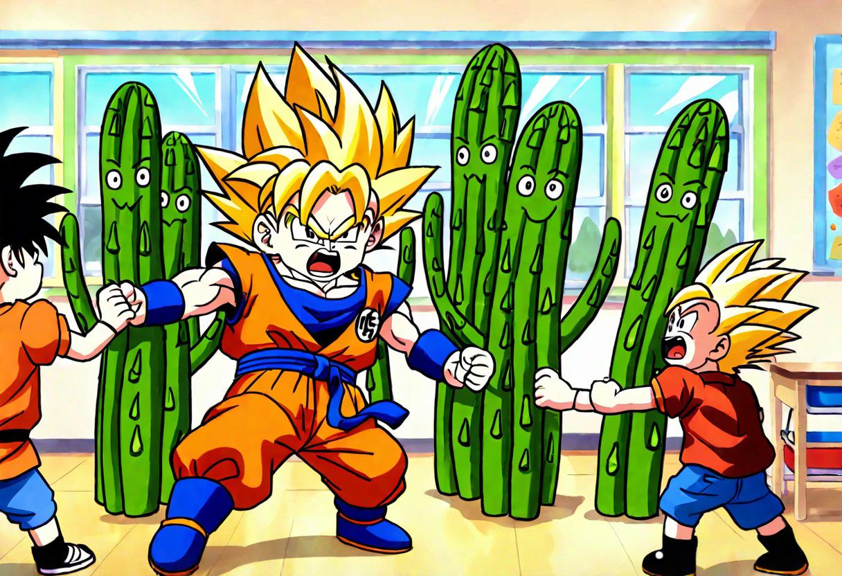 Super Saiyan Goku fighting Andrew The Angry Asparagus in the middle of a preschool classroom