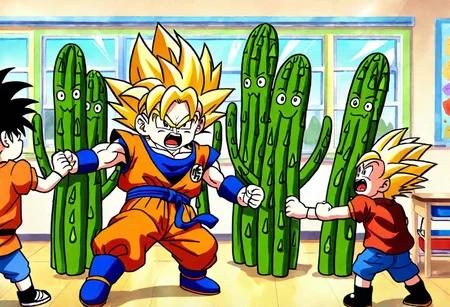 Super Saiyan Goku fighting Andrew The Angry Asparagus in the middle of a preschool classroom