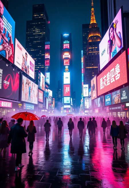 A vibrant, ultra-detailed image of a bustling neon-lit city street at night, viewed from a low angle to capture the towering skyscrapers and glowing signs overhead. Bright, bold colors—hot pinks, electric blues, and vivid purples—reflect off rain-soaked pavement, creating dazzling reflections and intricate light trails as people and vehicles move through the scene. Large billboards, holographic ads, and neon signs flash animated messages, illuminating a diverse crowd with striking contrasts of light and shadow. Futuristic details like glowing drones, transparent umbrellas with embedded lights, and sleek, colorful vehicles weave through the scene, adding a sense of movement and energy. The air shimmers with mist, amplifying the glow and making each light source look larger-than-life. Perfect for high resolution, with extreme detail on reflections, lighting, and urban textures—creating a chaotic yet mesmerizingly beautiful atmosphere that feels both modern and surreal