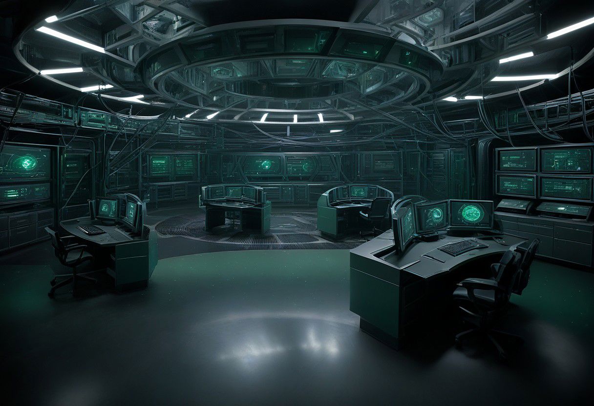 sci-fi surveillance center, computers gathering intelligence, dark room, multiple projected screens, planet blueprint on screens, dark green color only while the rest are grey, hacking theme, computers around, the walls are holograms, holograms on the floor, sci-fi server racks, server racks around, data storages, low camera angle