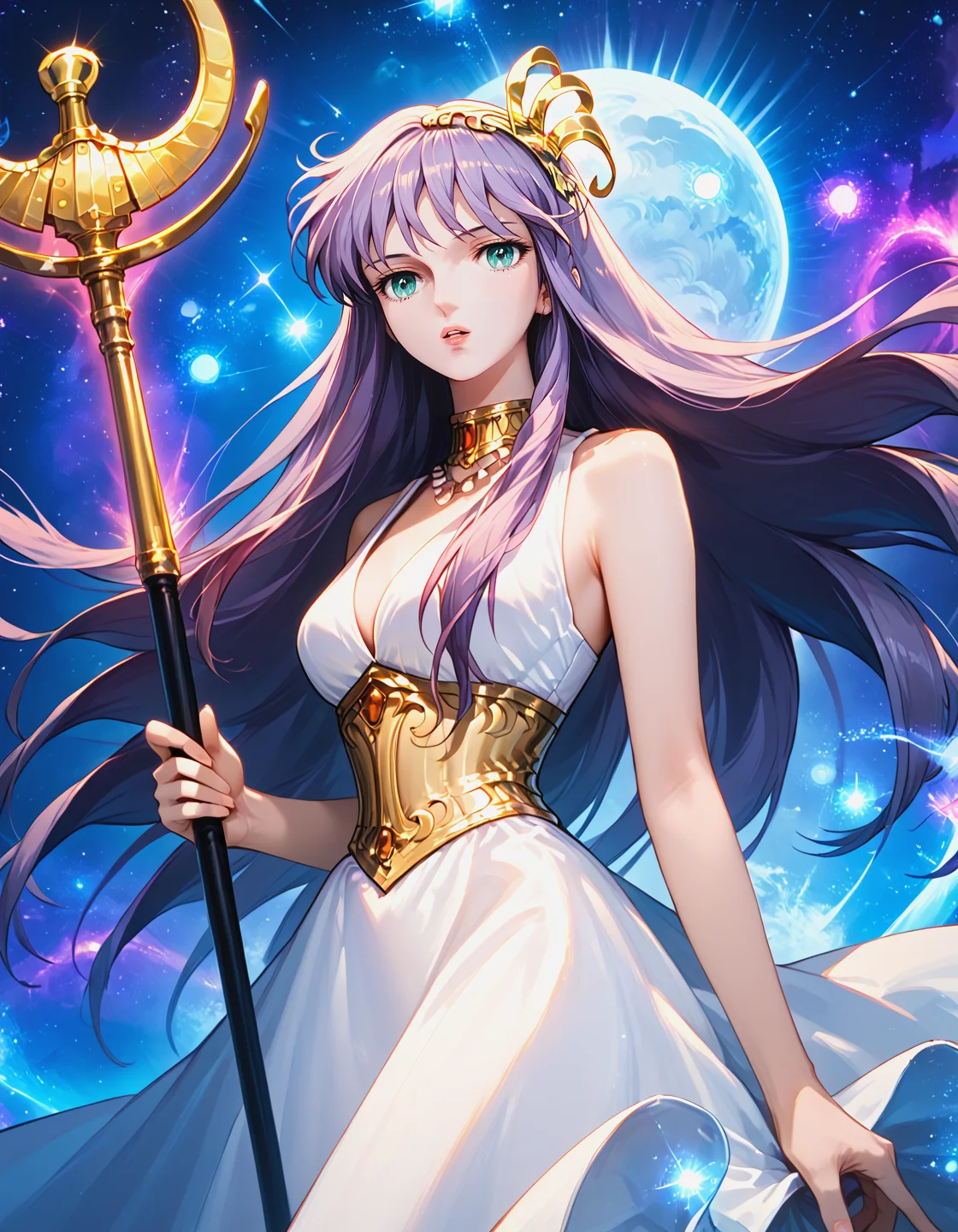 score_9, score_8_up, score_7_up, cowboy shot,
<lora:SaoriKido_Pony_v21:0.8> _athenakido, purple hair, long hair, aqua eyes, bangs, sleeveless dress, athena accessories, holding staff,
aura, cosmic background, parted lips,