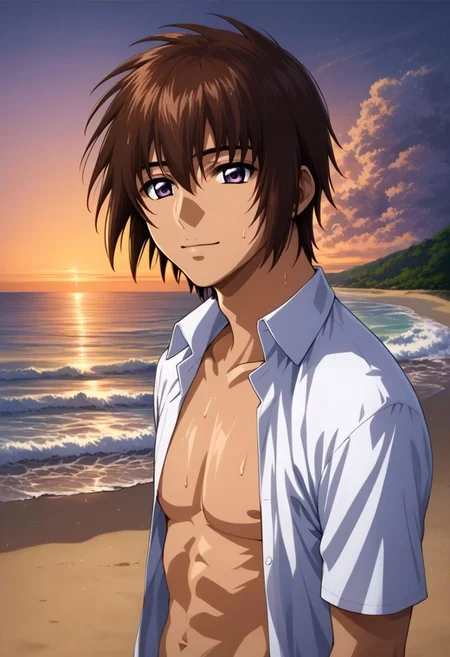 ASCII score_9, score_8_up, score_7_up, score_6_up,
source_anime,
kira_yamato, hair parting left, open shirt, 1boy, solo, detailed eyes, purple eyes, looking at the viewer, (waist),
attractive posing, sweating, sweat,
upper body portrait,
scenery, beach, sunset,
masterpiece, best quality, very aesthetic, absurdres,