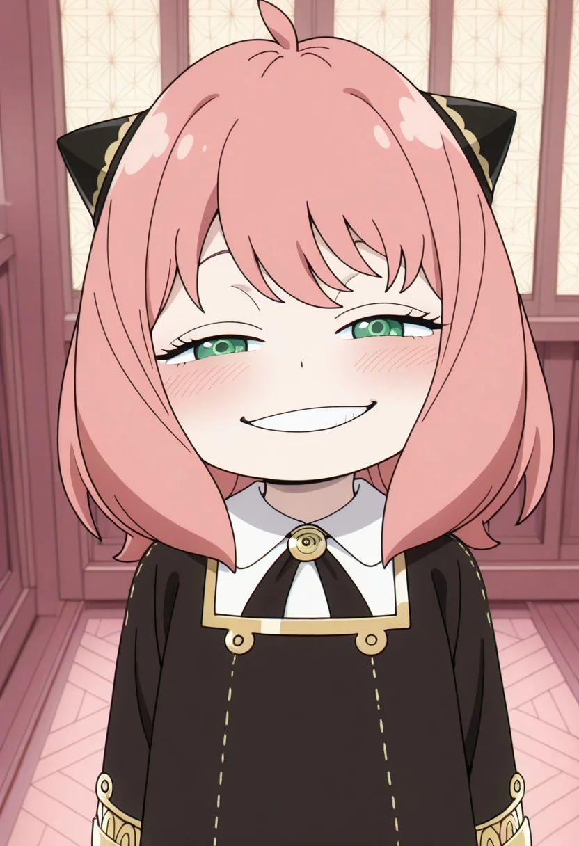 masterpiece,best quality,amazing quality, anya forger, pink hair, female child, child, green eyes, medium hair, 1girl, solo, smile, looking at viewer, half-closed eyes, smug, grin, blush, indoors, black bow, school uniform, dress, black dress, bow, black bowtie, eden academy school uniform