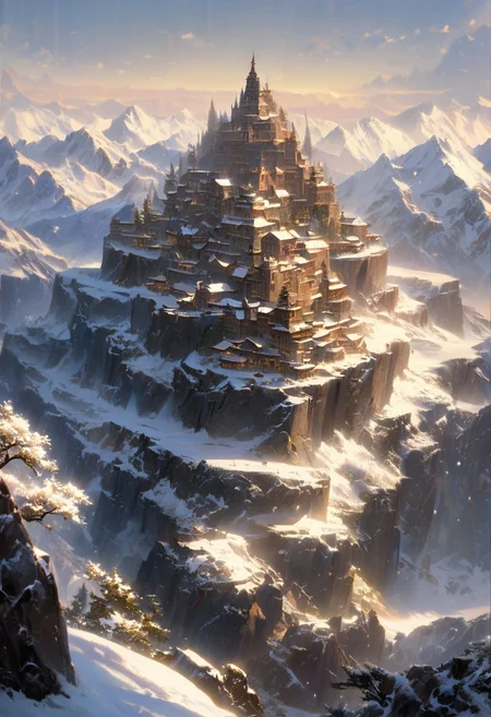 A secluded monastery in the Himalayas, perched above the clouds, serene atmosphere, breathtaking views, ethereal light, hyper-realistic, intricate architectural details, cinematic, surrounded by snow-capped peaks, tranquil scene, masterpiece digital art by Thomas Kinkade and Greg Rutkowski, 8k resolution, stunning landscape