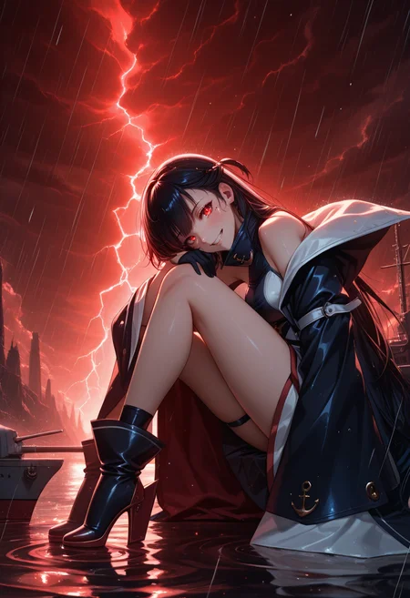 masterpiece, best quality, anime, BREAK 1girl, solo,looking at viewer,evil grin,sitting,(head on knee:1.6),sitting on ship turret, glowing, ripples, (rain:1.6),(storm:1.6),glowing eyes, (summoning:1.4), (red portal:1.2),cloudy sky,(red light particles:1.6),
solo, ocean,rigging,
<lora:RealisticAnimeIXL:0.5> bokeh, luminescent background, waterfall, reflection, <lora:Dramatic Lighting Slider:4> <lora:Tyber_West Virginia_Default_AL_NOOB:1> westvstand, red eyes, mole under eye, black hair, gradient hair, side braid, single braid, long hair, medium breasts, sleeveless dress, open coat, long coat, two-tone dress, blue and white dress, high collar, thigh strap, red trim, asymmetrical dress, multiple belts, bare shoulders, off shoulder, wide sleeves, black half gloves, black ankle boots, futuristic boots,anchor symbol,rudder footwear,