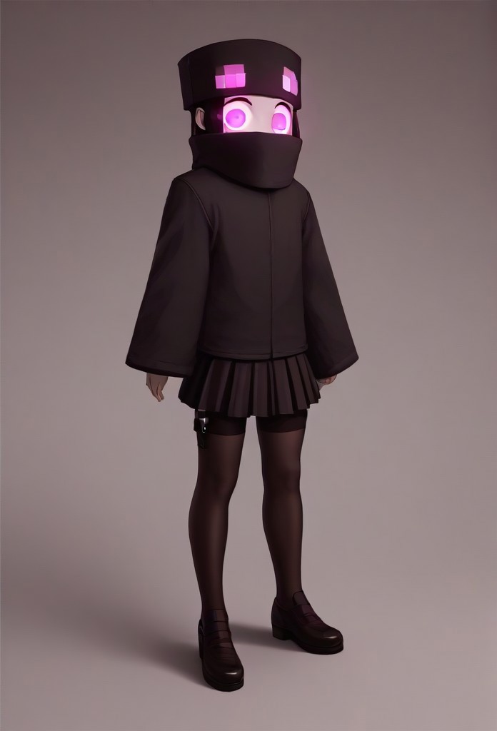 (1girl, solo,, Enderman-chan, black jacket, high collar, enderman hat, black skirt, black thighhigh, garter straps, shoes, glowing, glowing eyes, TenMic10, :1.3), The Veiled Virgin Statue by Finnstark Anato covered in apologizing cellophane centered in a The Forbidden City, hurtful jaguar crystal, a away photo of a London taken by Freeman Ed, UHD, photorealistic, colourful, score_9, score_8_up, score_7_up, masterpiece, best quality, very aesthetic