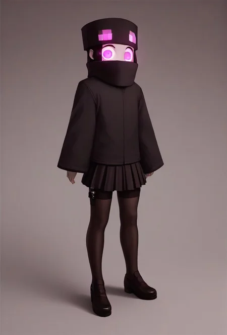 (1girl, solo,, Enderman-chan, black jacket, high collar, enderman hat, black skirt, black thighhigh, garter straps, shoes, glowing, glowing eyes, TenMic10, :1.3), The Veiled Virgin Statue by Finnstark Anato covered in apologizing cellophane centered in a The Forbidden City, hurtful jaguar crystal, a away photo of a London taken by Freeman Ed, UHD, photorealistic, colourful, score_9, score_8_up, score_7_up, masterpiece, best quality, very aesthetic