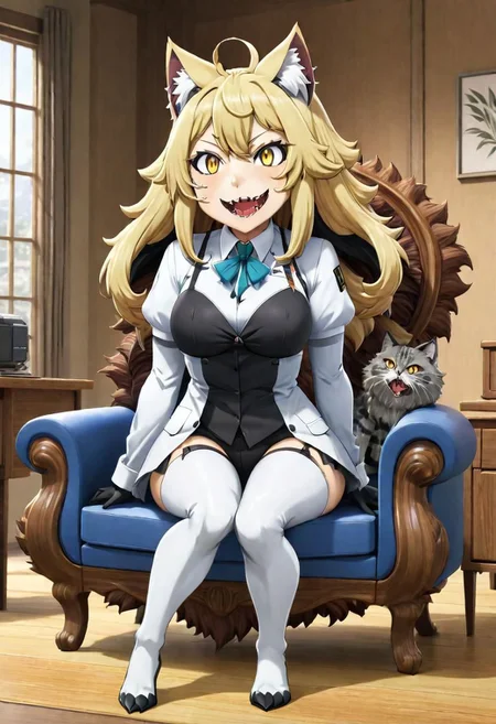 2d,anime,kemono friends, scientists have finally succeeded in creating a catgirl, but its a hideous fleshmutant abomination that destroys the furniture and produces giant hairballs