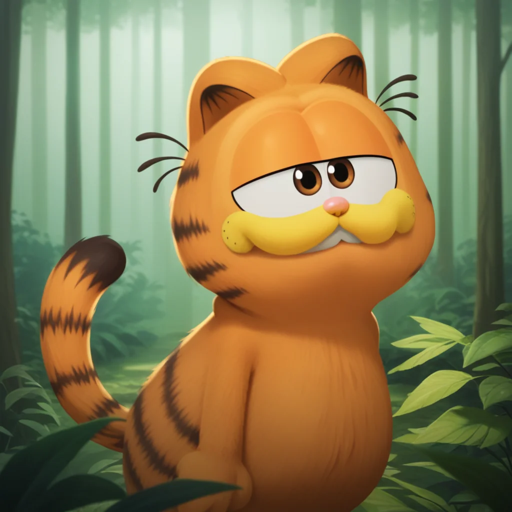 score_7_up, BREAK, no humans, Garfield, solo, brown eyes, orange fur, cat ears, <lora:Garfield_XL_Leaf1v2:1>, forest,