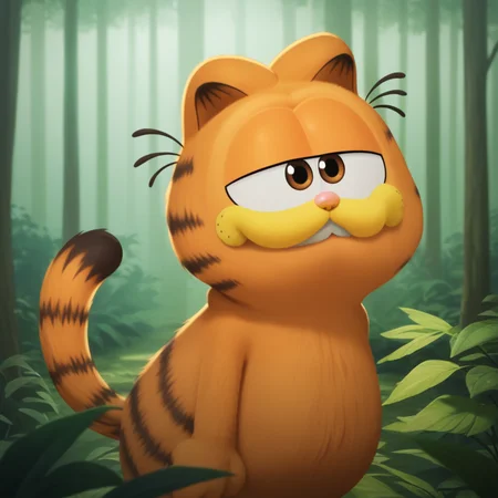 score_7_up, BREAK, no humans, Garfield, solo, brown eyes, orange fur, cat ears, <lora:Garfield_XL_Leaf1v2:1>, forest,