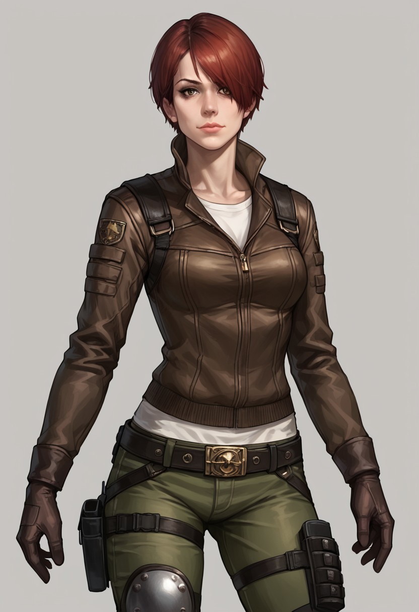 Score_9_up, score_8_up, score_7_up, score_6_up, source_realistic, cowboy shot, BREAK tweedre, red hair, short hair, hair over one eye, brown leather jacket, green pants, knee pads, belt, holsters, gloves,
