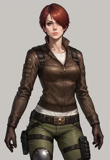 Score_9_up, score_8_up, score_7_up, score_6_up, source_realistic, cowboy shot, BREAK tweedre, red hair, short hair, hair over one eye, brown leather jacket, green pants, knee pads, belt, holsters, gloves,