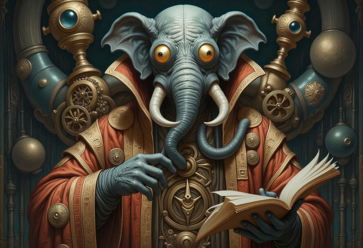 An alien scholar adorned in ornate, arcane robes, their face hidden beneath a cluster of golden eyes and a mask resembling an elephantine proboscis. The robes are embroidered with celestial symbols, gears, and scroll holders. On their back, arcane instruments and mystic relics in brass and obsidian float or are attached like a traveling alchemist’s arsenal. The figure holds ancient scrolls and is surrounded by ritual objects and magical mechanisms. Style is richly decorated, deep shadows, antiquarian and occult themes. OBxiaoxiang