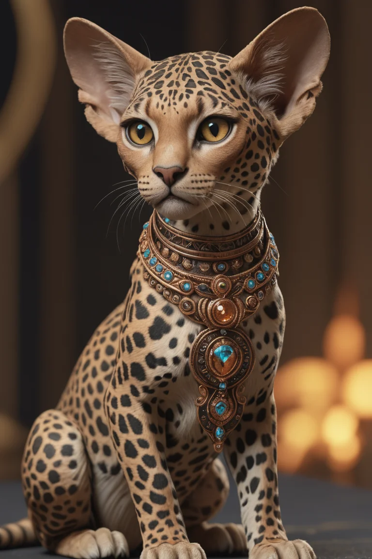 petite Female Sphinx, confused, her hair is Brunette, Ultra Detailed, Alpha Centauri, leopard print and copper details, 8K