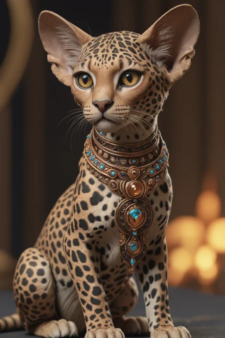 petite Female Sphinx, confused, her hair is Brunette, Ultra Detailed, Alpha Centauri, leopard print and copper details, 8K