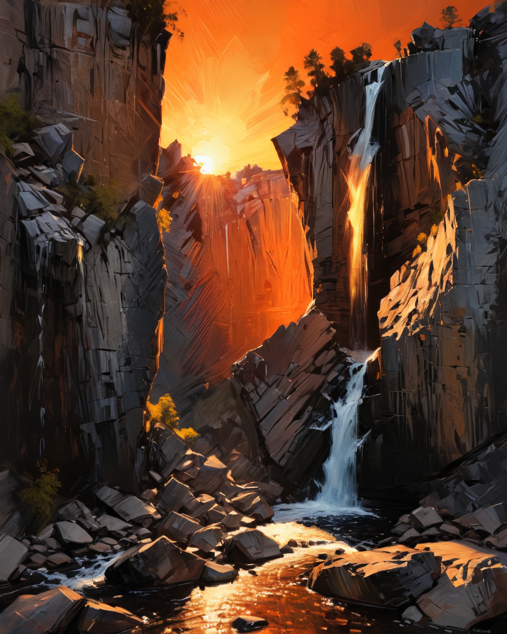waterfall, granite cliff, chiaroscuro, sunset, ultra resolution,  <lora:add-detail-xl:0.9>, <lora:xl_more_art-full_v1:0.7>,   <lora:Ben Aronson Style:1> Ben Aronson Style page