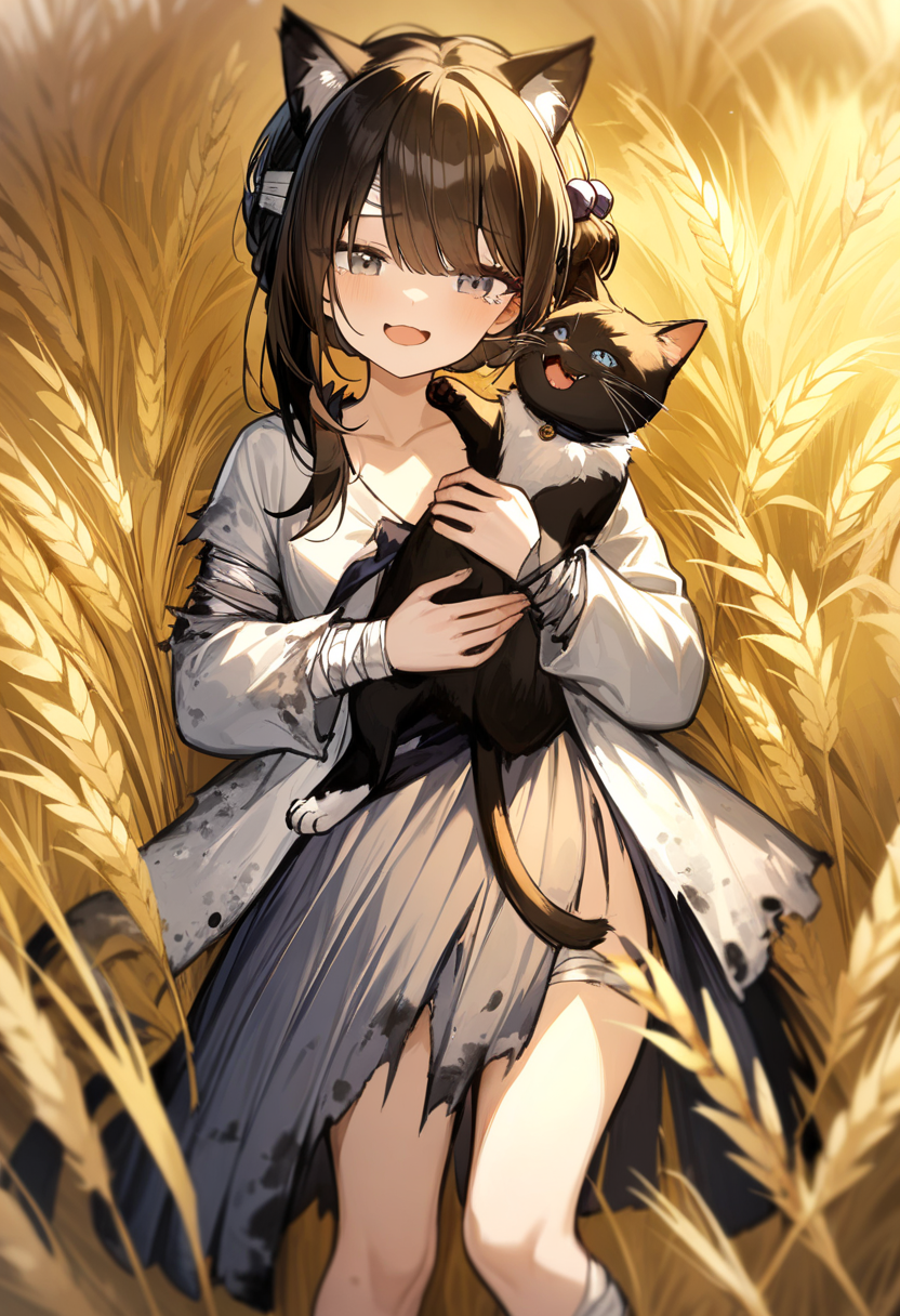 1girl,michiho,solo,
grey eyes, black hair,standing,cat ears, 
grey dress,long sleeves, bandages,torn clothes,hair ornament, bandaged leg,
on back,lying,holding cat, 
happy,open mouth, happy tears, 
Mature wheat field,Yellow Theme,
masterpiece, best quality, very aesthetic, absurdres,
<lora:michiho-000006:0.8>