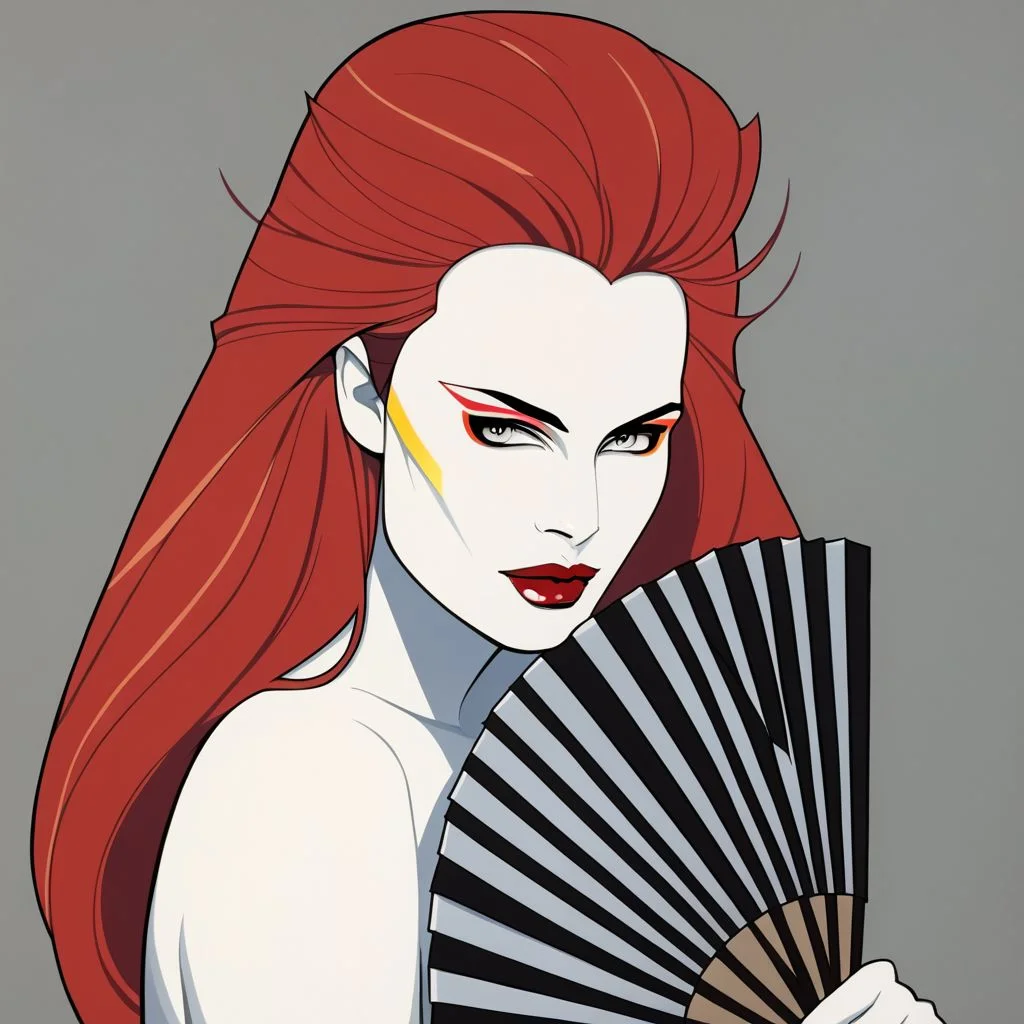 etpzzgl, 1girl, solo, long hair, red hair, makeup, red lips, lipstick, hand fan, looking at viewer, grey background, portrait, folding fan, simple background, colored skin, white skin, flat color, vector art, 1980s vibes, cel shading, vibrant, vivid colors, enigmatic PonyXLV6_Scores