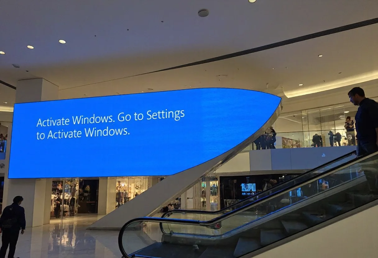 s2ms8ng, A modern shopping mall interior features a large, malfunctioning digital screen displaying a blue error message with text 'Activate Windows. Go to Settings to Activate Windows'. The screen wraps around a column near an escalator, creating a striking visual disruption amid the polished, minimalist architectural design. Shoppers, including a few visible figures in casual clothing, navigate the brightly lit, multi-level space. Reflective surfaces and angular lines enhance the contemporary aesthetic. The scene captures a blend of everyday life and unexpected technology glitches