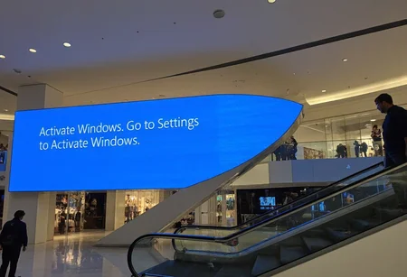 s2ms8ng, A modern shopping mall interior features a large, malfunctioning digital screen displaying a blue error message with text 'Activate Windows. Go to Settings to Activate Windows'. The screen wraps around a column near an escalator, creating a striking visual disruption amid the polished, minimalist architectural design. Shoppers, including a few visible figures in casual clothing, navigate the brightly lit, multi-level space. Reflective surfaces and angular lines enhance the contemporary aesthetic. The scene captures a blend of everyday life and unexpected technology glitches