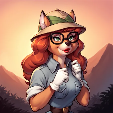 score_9, score_8_up, score_7_up, score_6_up, score_5_up, score_4_up, (Source talespin), (rating safe), <lora:katiedodd:1>, katie dodd, 1girl, solo, long hair, breasts, shirt, gloves, hat, animal ears, medium breasts, upper body, short sleeves, red hair, glasses, collared shirt, white gloves, lips, hands up, makeup, furry, black-framed eyewear, pocket, sunset, breast pocket, animal nose, orange sky, furry female, fox girl, green eyes, body fur, brown fur, lipstick, red lips