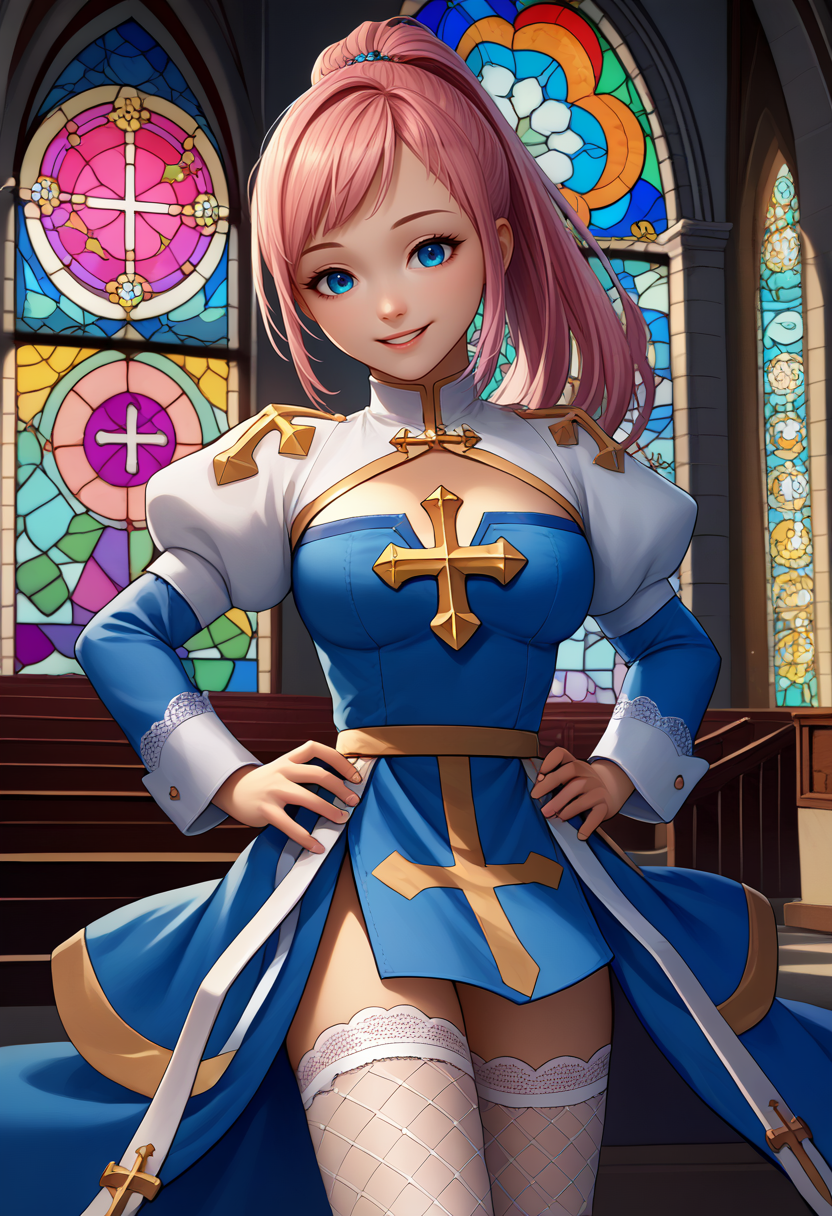 score_9, score_8_up, score_7_up, source_anime, solo, 1girl, feliciarnd, happy, looking at viewer, hands on own hips, pink hair, ponytail, blue eyes, ragnarokarch, two-tone dress, blue dress, cross, cleavage cutout, puffy sleeves, long sleeves, white thighhighs, fishnet thighhighs, indoors, church, stained glass <lora:attire_ro_archbishop_ponyXL:1> <lora:felicia-fe-richy-v1_xl:0.9>