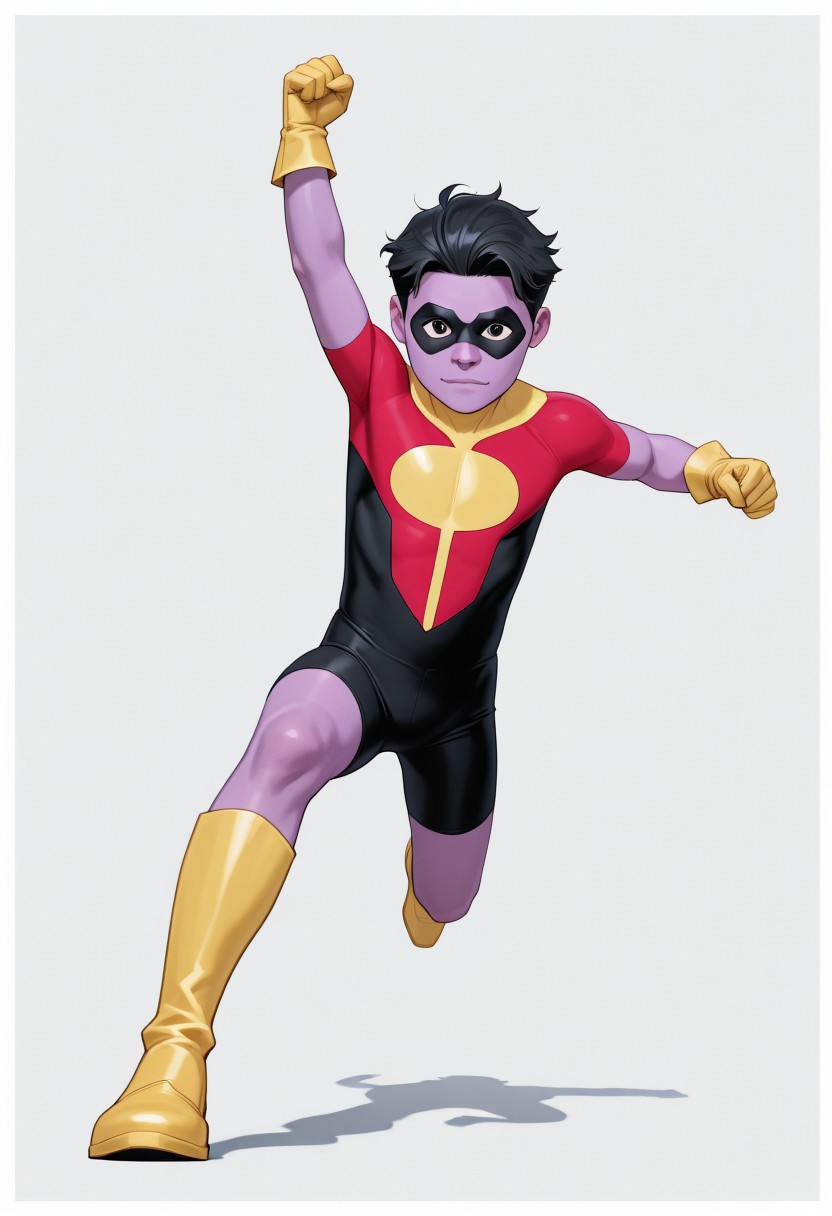 1boy, male focus, cute boy, rOliver_Grayson, Purple Skin, Colored Skin, Black Hair, Black Eyes, Domino Mask, Superhero Costume, Yellow Gloves, Yellow Boots, levitating, simple background, graphic border, cinematic, intricately detailed illustration, depth of field, masterpiece, best quality, amazing quality, very aesthetic, absurdres, newest, very awa, shadow, dynamic angle, casual cosplay, dynamic pose, action pose