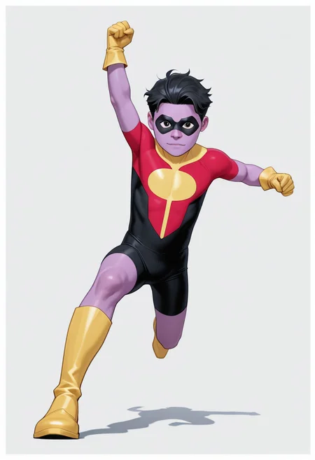 1boy, male focus, cute boy, rOliver_Grayson, Purple Skin, Colored Skin, Black Hair, Black Eyes, Domino Mask, Superhero Costume, Yellow Gloves, Yellow Boots, levitating, simple background, graphic border, cinematic, intricately detailed illustration, depth of field, masterpiece, best quality, amazing quality, very aesthetic, absurdres, newest, very awa, shadow, dynamic angle, casual cosplay, dynamic pose, action pose