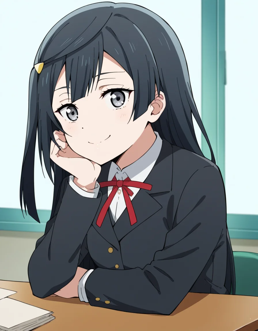 score_9, score_8_up, score_7_up, source_anime, <lora:setsuna-yuuki-s2-ponyxl-lora-nochekaiser:1>, setsuna yuuki, yuuki setsuna (love live!), long hair, bangs, black hair, sidelocks, grey eyes, one side up, hair ornament,, skirt, long sleeves, school uniform, jacket, red ribbon, black jacket, blazer, nijigasaki academy school uniform,, indoors, smile, looking at viewer, solo, sitting, head rest, table,, cowboy shot, dutch angle