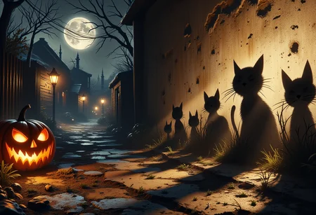 In a dark alley, illuminated only by a jack-o-lantern, on a wall you can glimpse the shadows of several cats, arranged by height, giving the impression that they are the masters of the night.
<lora:ral-ertmsphr_flux:0.75>
<lora:ral-exposure-flux:0.45>
<lora:dark-vibes-flux-v1:1>