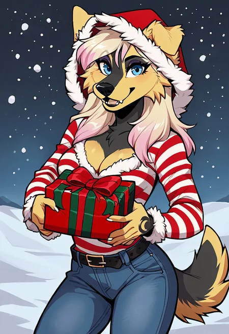 source_cartoon, source_western, source_furry, score_9, score_8_up, score_8, 1girl, raven-golden, yellow and dark gray fur, crescent-shaped on wrist, blue eyes, one ear up, ear flop, solo, canine, looking at viewer, happy, face, close up,
light,1girl, solo, long hair, blonde, pink highlight, makeup, breasts, cleavage, hud_xmas1, striped dress, fur trim, long sleeves, jeans, belt, hood, christmas, cowboy shot, light smile, snow, holding present,